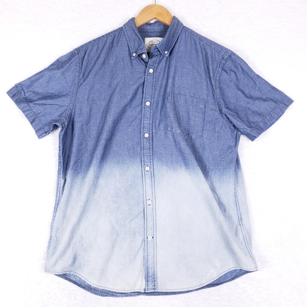 St John's Bay Shirt Mens L Blue Ombre Dip Dye Short Sleeve Cotton Summer Beach